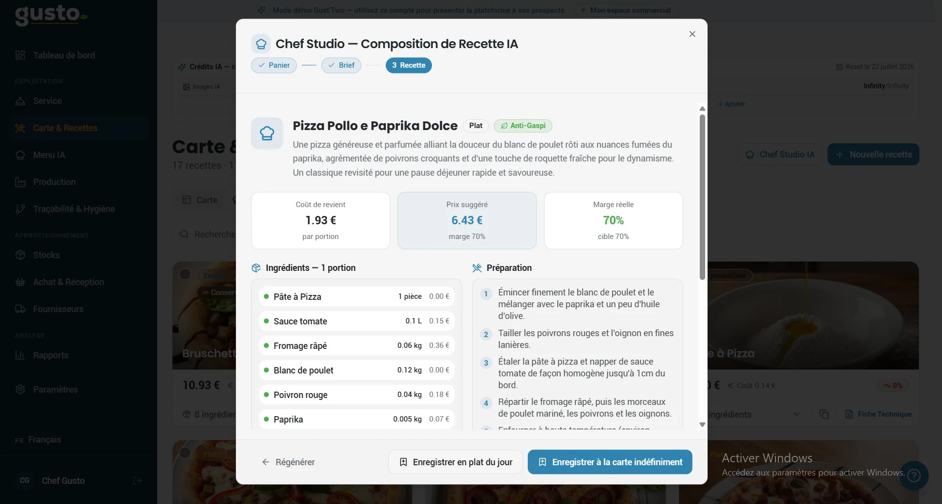 Capture d’écran du module Chef Studio sur Gusto affichant le résultat d’une recette ia avec le coût de revient et la marge réelle calculés.
