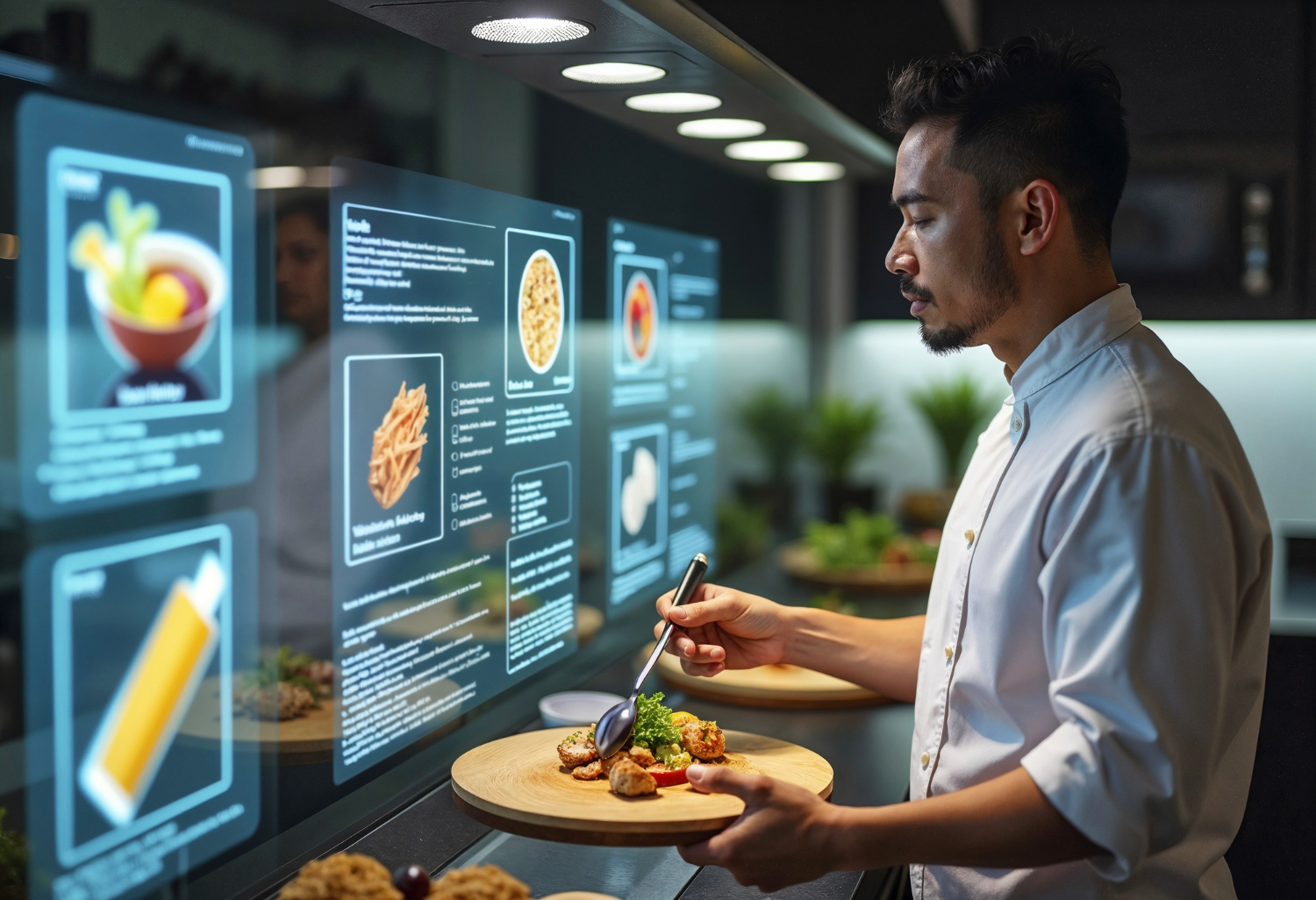 Un chef cuisinier dresse une assiette en consultant des écrans numériques futuristes affichant les détails d'une recette ia.