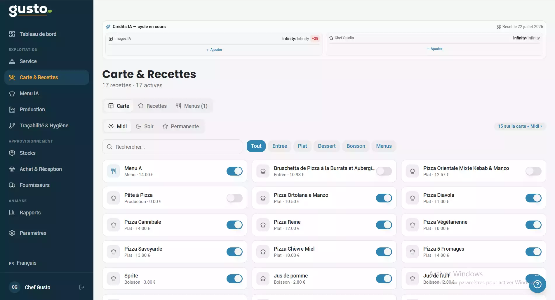 Interface du logiciel Gusto affichant le module carte et recettes avec les options d'activation des plats pour les services midi, soir et permanente.