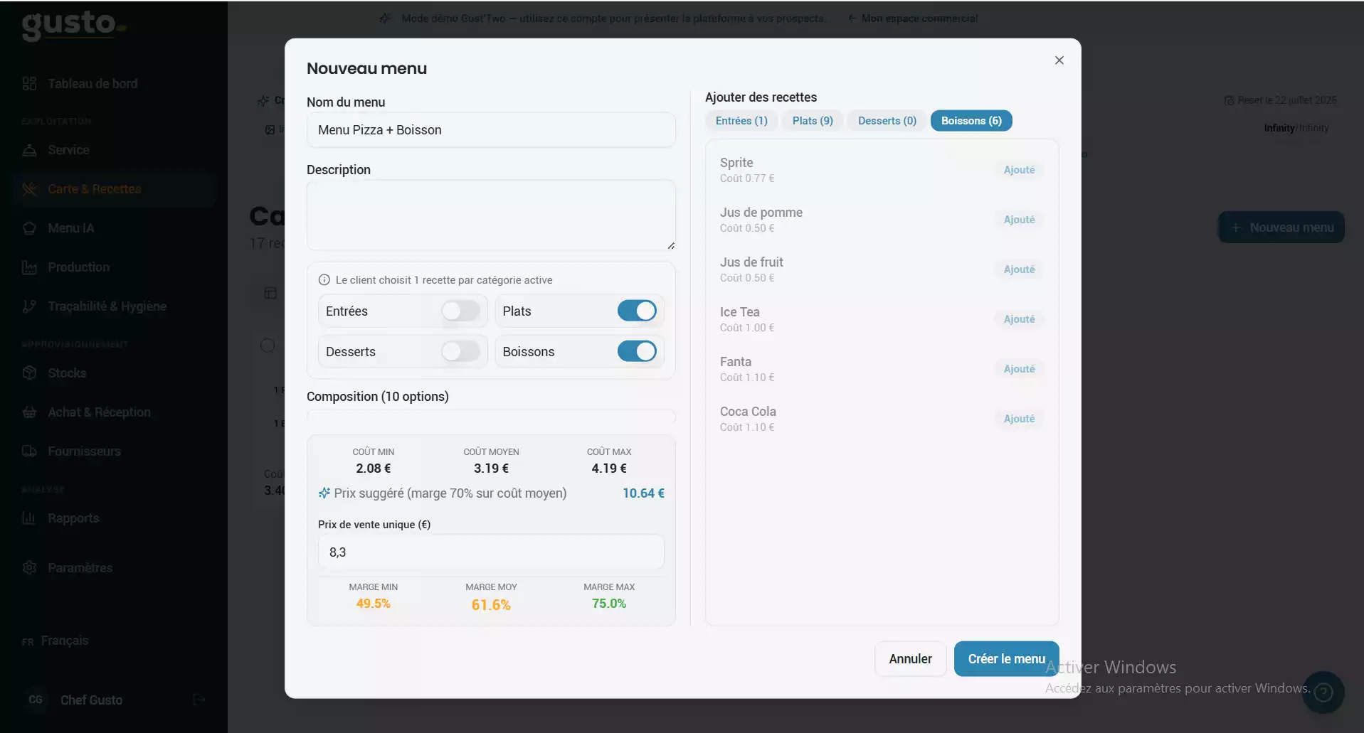 Capture d'écran de l'interface Gusto montrant les étapes pour créer un nouveau menu avec le calcul automatique du coût minimum, moyen et maximum.