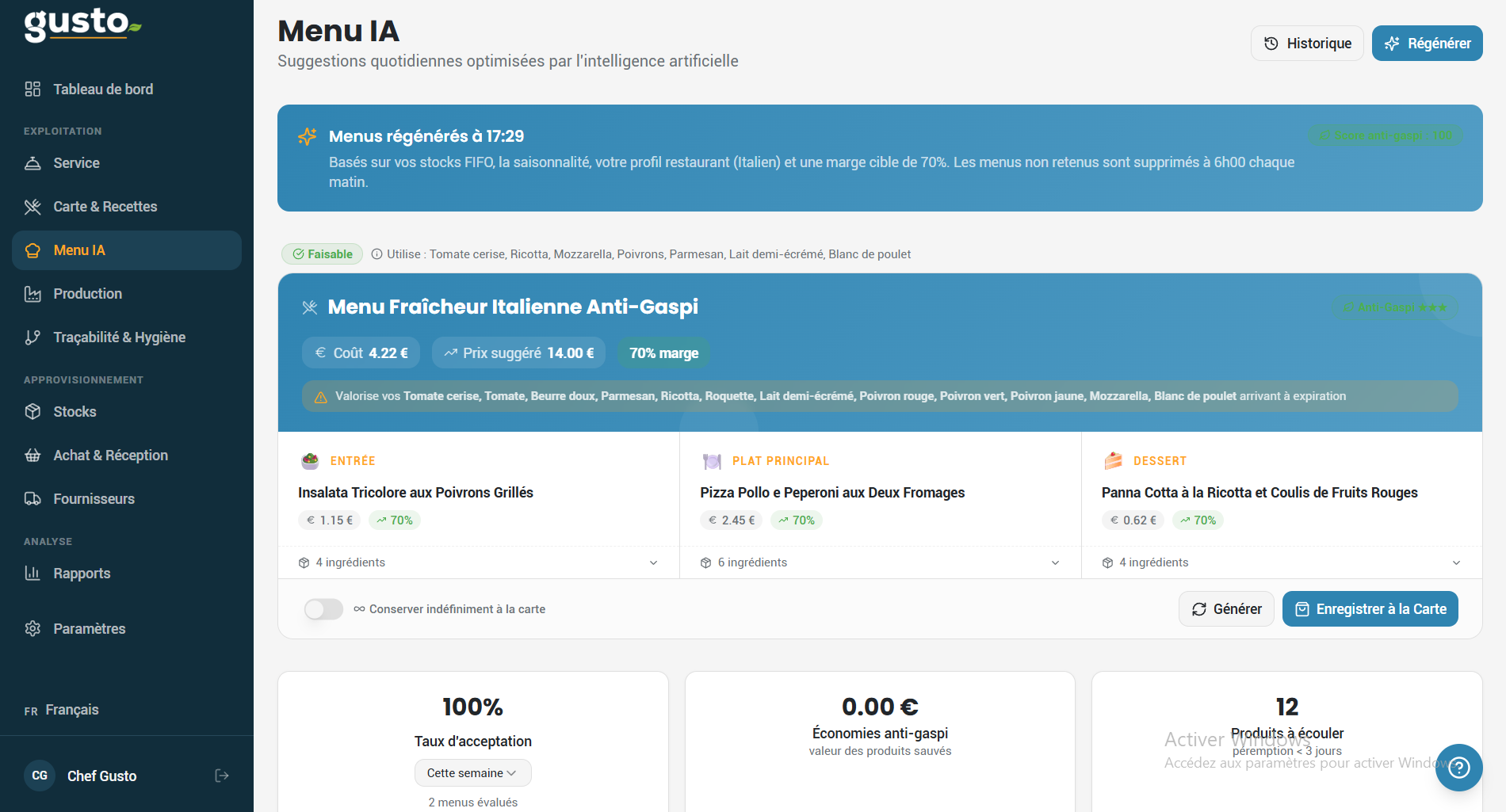 Interface du logiciel Gusto montrant le module Menu IA et la génération automatique d'un Menu Fraîcheur Italienne Anti-Gaspi avec calcul des marges.