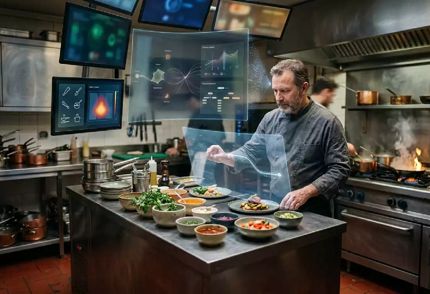 Chef de cuisine dans un bistrot concevant une recette à l'aide d'écrans numériques et d'un menu ia holographique