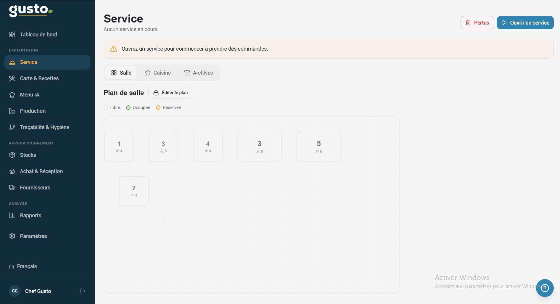 Capture d'écran du logiciel de restauration Gusto mettant en évidence le bouton "Éditer le plan" dans le module Service pour configurer le plan de salle Gusto.
