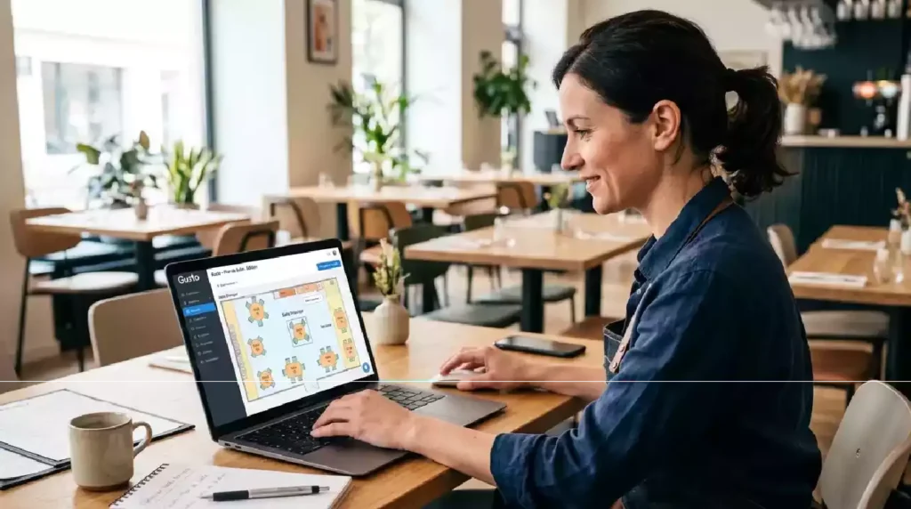 : Capture d'écran du logiciel Gusto montrant une utilisatrice ajustant un plan de salle interactif avec des tables colorées sur un ordinateur portable dans un restaurant.