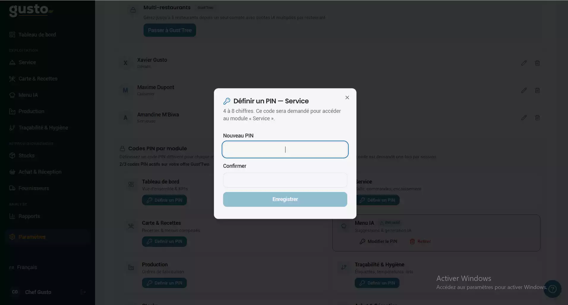 Interface de configuration d'un accès utilisateur sécurisé par code PIN sur le logiciel Gusto.