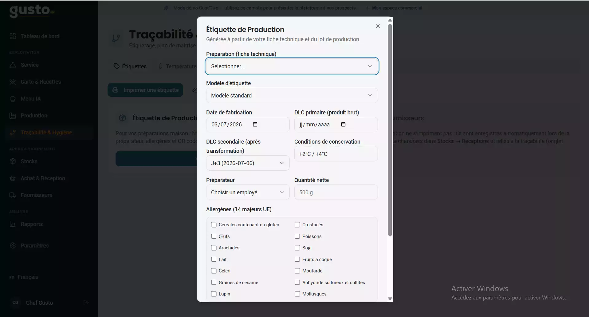 Formulaire numérique détaillé permettant d'imprimer une étiquette de traçabilité et de production alimentaire avec les informations HACCP.