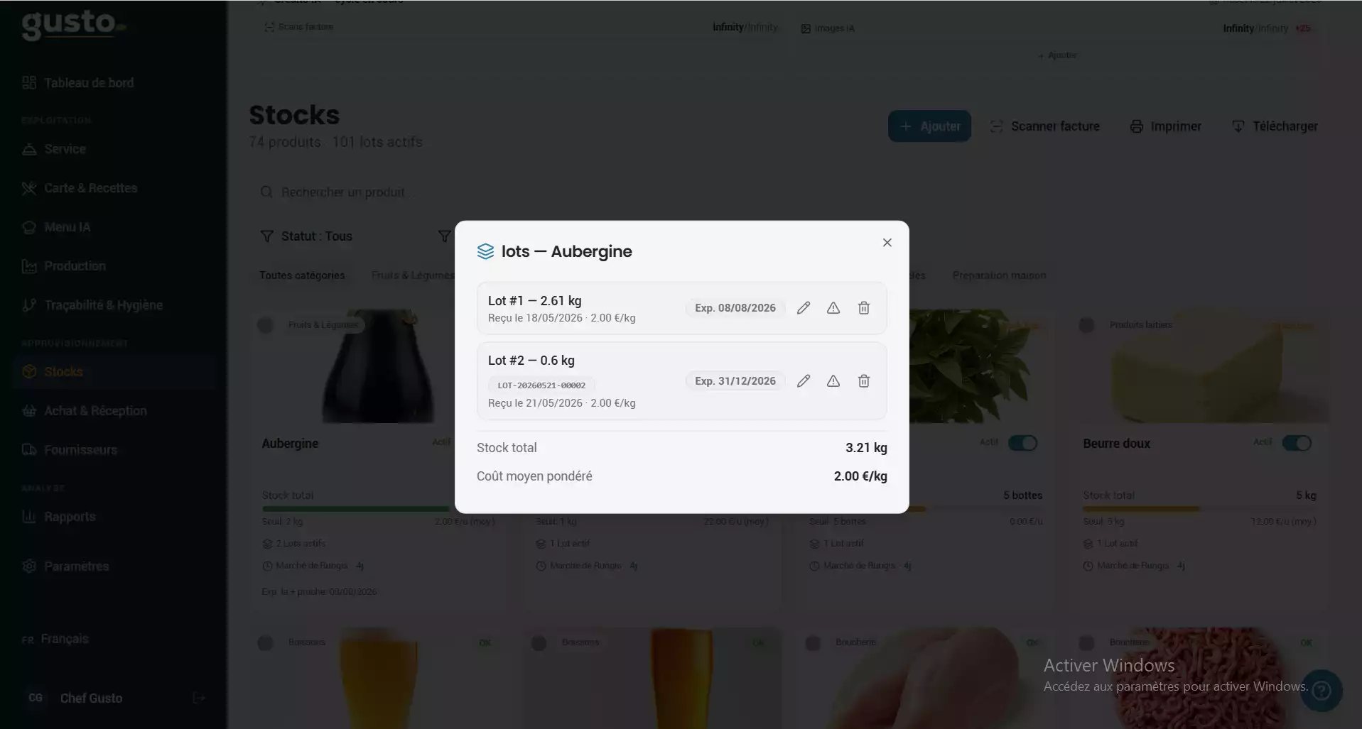 Interface du logiciel Gusto ouverte sur le panneau de configuration pour modifier un lot d'aubergines en stock.