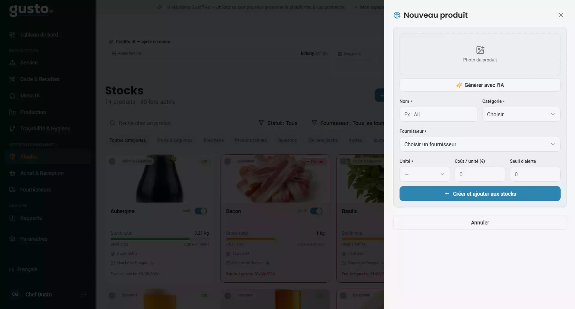 Interface du logiciel Gusto affichant le panneau latéral configuré pour ajouter un produit, avec l'option de génération d'image par IA.