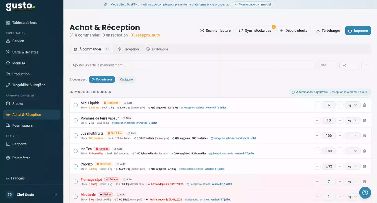 Vue de l'interface Gusto "Achat & Réception", section "A commander", listant les produits nécessaires pour l'approvisionnement des stocks d'un restaurant.
