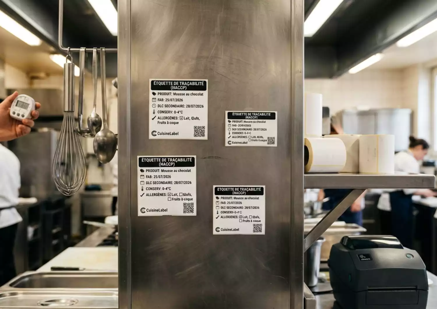 Imprimante thermique professionnelle Zebra et rouleaux d'étiquettes de traçabilité HACCP dans une cuisine de restaurant, à côté d'étiquettes déjà appliquées.