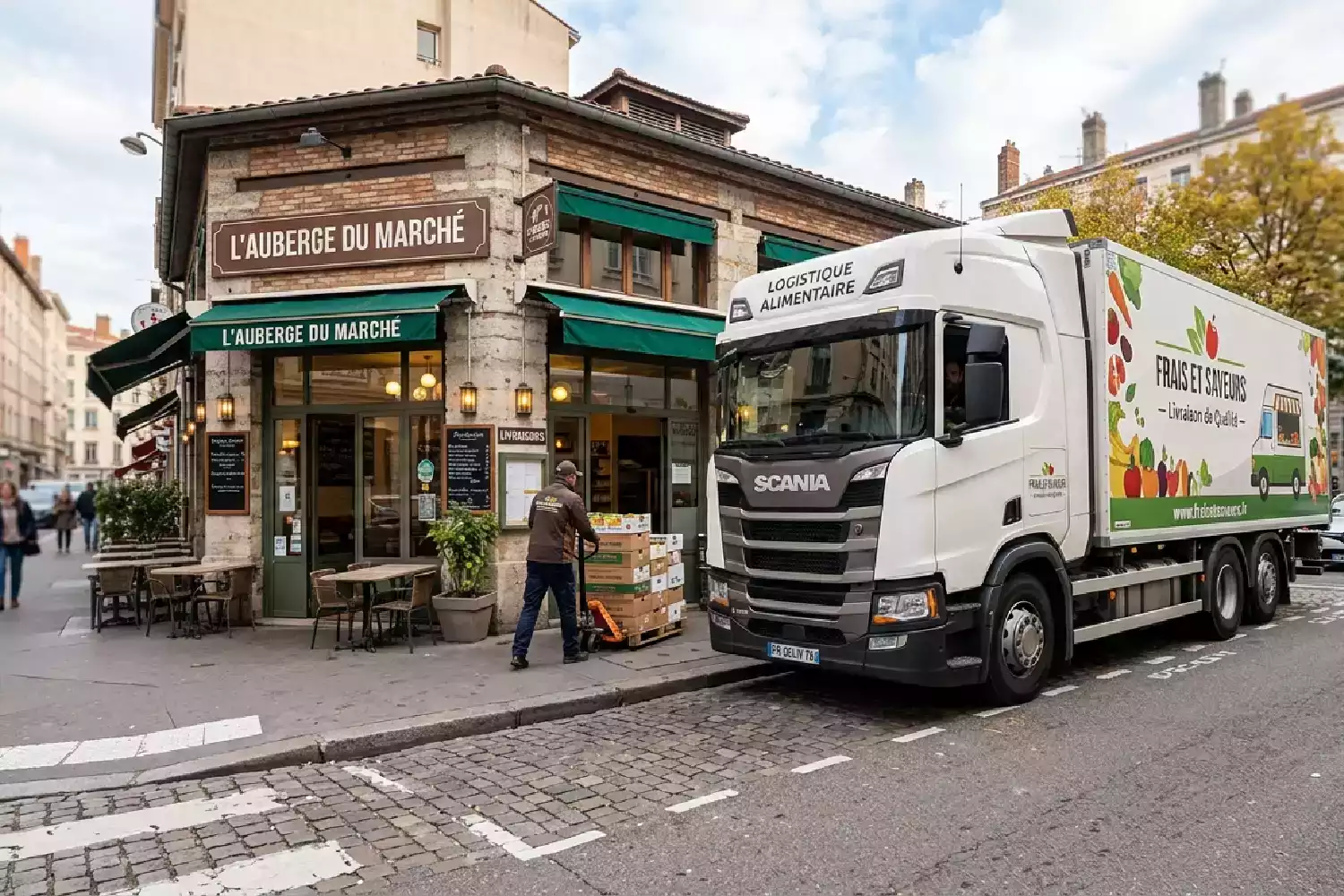 Livraison de produits frais par camion "Frais et Saveurs" pour l'approvisionnement des stocks du restaurant "L'Auberge du Marché", avec un employé déchargeant des cartons.