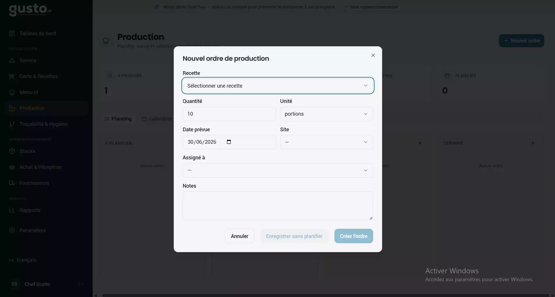 Capture d'écran de l'interface Gusto montrant la création d'un nouvel ordre de production.