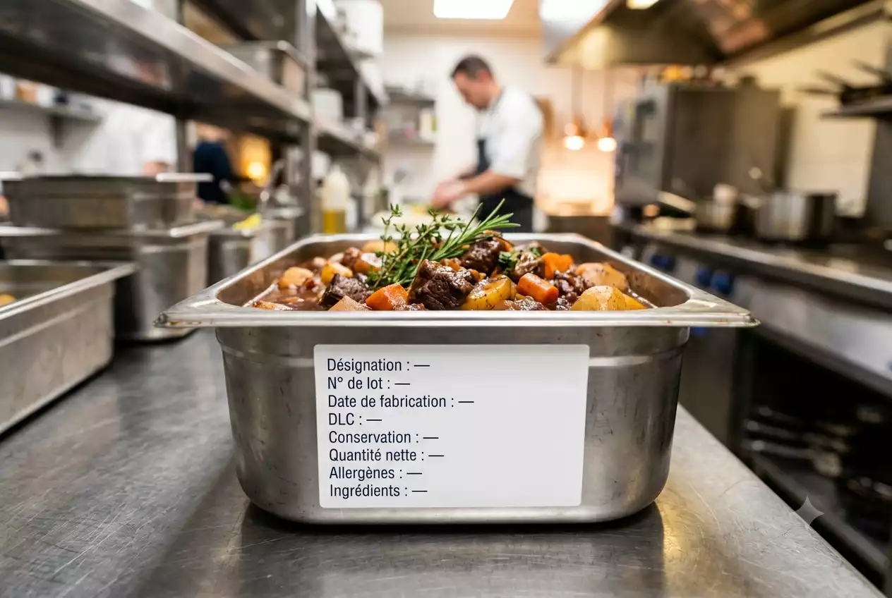 Un bac en inox contenant un plat de ragoût d'une cuisine professionnelle, portant un modèle d'étiquettes de traçabilité avec des champs vierges à remplir.