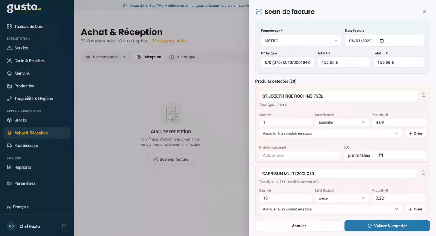 Interface Gusto montrant le scan de facture METRO pour l'intégration automatique des produits dans l'approvisionnement des stocks du restaurant.